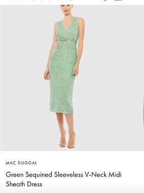 Mac Duggal Green Sequin Sleeveless V-Neck Midi Dress